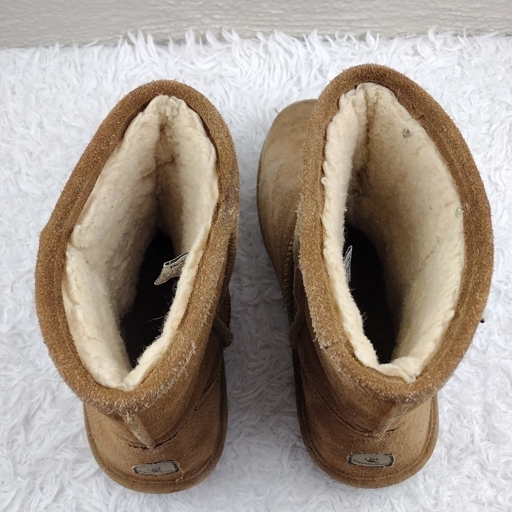 BEARPAW Emma Tan Suede Leather Wool Lining Mid Calf Slip On Boots